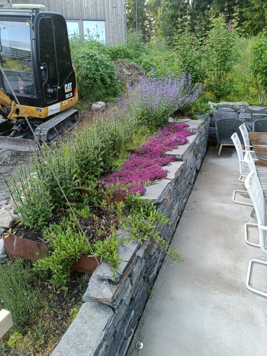 Stenmur med färgglada planteringar framför ett hus, grävmaskin i bakgrunden, redo för utbyggnad.