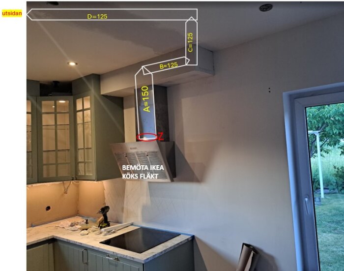 Köksinstallation med IKEA BEMÖTA fläkt och olika rördiametrar (A=150 mm, B=125 mm) markerade på bilden. Diskussion om ljudnivå och rörbyte.