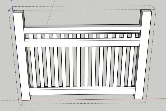 3D-modell av ett staket i SketchUp med vertikala och horisontella trädelar, avsedd för byggprojekt.