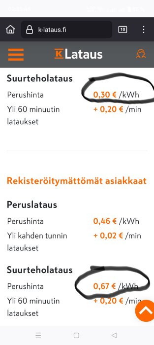 Priser för elbilsladdning hos K-Lataus, inklusive avgifter för registrerade och oregistrerade kunder. Olika kWh-priser och tidsavgifter är markerade.