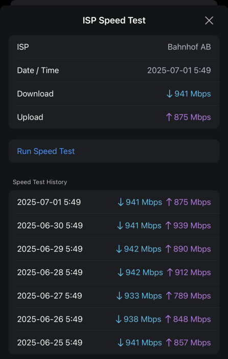 Skärmdump av hastighetstestresultat där nedladdning visas som 941 Mbps och uppladdning som 875 Mbps med historik över tidigare mätningar.