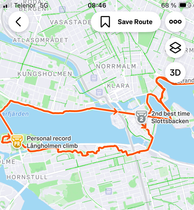 Karta över Stockholm med en markerad rutt runt Riddarfjärden. Text visar "Personal record Långholmen climb" och "2nd best time Slottsbacken".