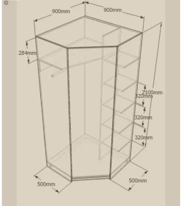 Tecknad skiss av en hörngarderob med hyllor och klädstång, dimensioner angivna i millimeter.