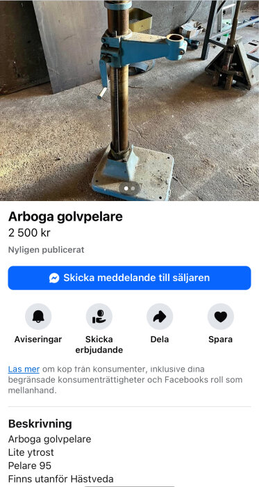 Arboga golvpelares stativ med vev visas på betonggolv i verkstadsmiljö.