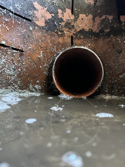 Brun inloppsrör i en vattenfylld dagvattenbrunn med smutsigt vatten och synliga avlagringar på kanterna.