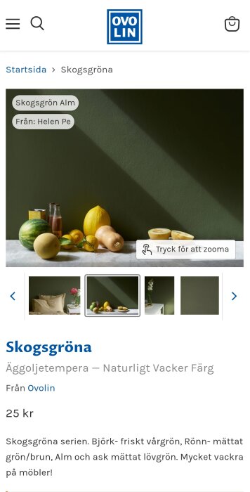 Frukt och grönsaker mot en vÀgg mÄlad i skogsgrön Àggoljetempera frÄn Ovolin, serien Skogsgröna.