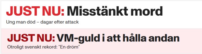 Två nyhetsrubriker: "Misstänkt mord" och "VM-guld i att hålla andan" visas tillsammans.