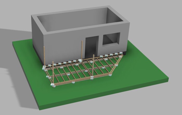 3D-modell av altanstomme med bärlinor och golvbjälkar framför ett hus, marksten och plintar används för stöd. Planerad pergola och trappa syns.