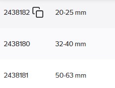 Tabell med artikelnummer och deras tillhörande rördimensioner i millimeter: 20-25 mm, 32-40 mm och 50-63 mm.