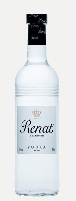 Flaska med Renat brännvin, etikett visar "37.5% vol" och "Art Nr 1".
