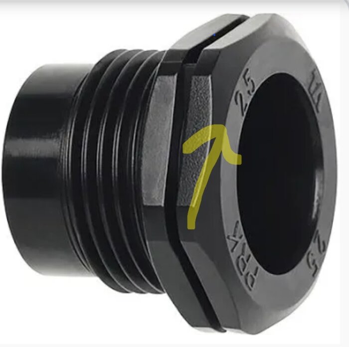 Svart gängad prk-koppling med diameter 2,5 markerad med gul pil.