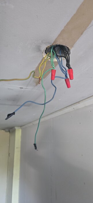 Exposed ceiling wiring with various colors, including black, blue, and green wires with red wire connectors, in need of replacement with WAGO connectors.