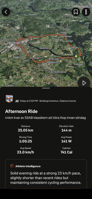 Karta över cykelrutt i Borlänge, Dalarna med detaljer om distans, höjd, tid och kalorier för en 25,05 km tur markerad med orange linje.