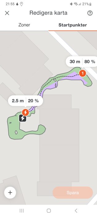 Gränssnitt på app som visar klippzoner i trädgård, med 80% av avståndet på 30 m markerat i lila och 20% på 2,5 m i grönt.