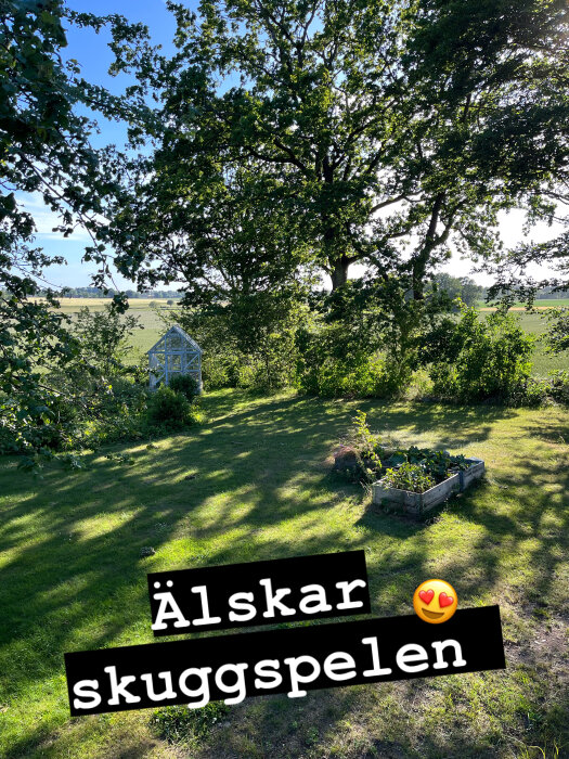 Grönskande trädgård med solbelysta träd och skuggspel. Ett litet växthus och odlingslåda i trä syns i bakgrunden. Texten "Älskar skuggspelen".