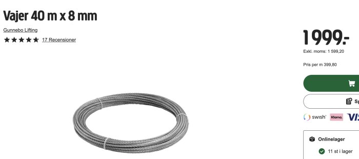 Bild av en 40 m x 8 mm stålwire från Gunnebo Lifting med ett pris på 1999 kr, betyg 5 av 5 och 17 recensioner.