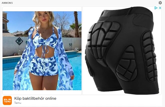 En kvinna i blå mönstrad bikini framför en pool, bredvid svarta vadderade shorts.