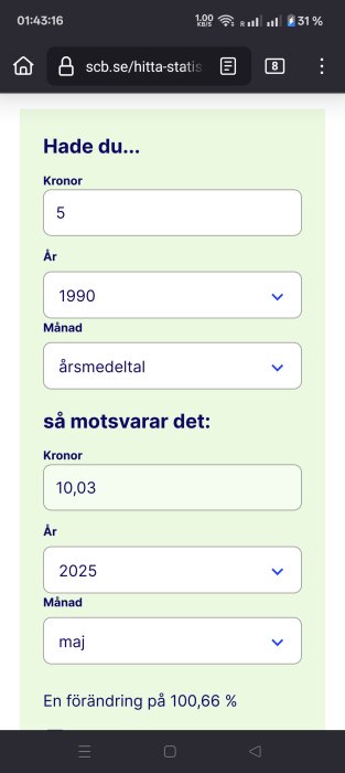 Skärmdump från SCB:s hemsida som visar hur 5 kr från 1990 motsvarar 10,03 kr i maj 2025, vilket innebär en förändring på 100,66 %.