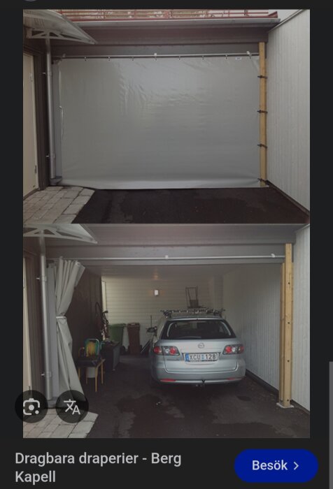 Tillfällig garageport av presenning med skenor och fästen, använd som garageavskiljare.
