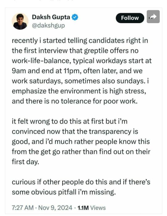 Tweet av användare om att informera kandidater om höga arbetskrav och brist på balans mellan arbete och privatliv, med betoning på transparens.