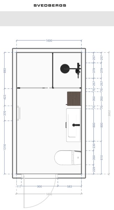 Badrumsritning med toalett, handfat och dusch. Mått avstånd mellan väggar och inredning. Diskussion om tillgänglighet och placering av toalett närmast väggen.