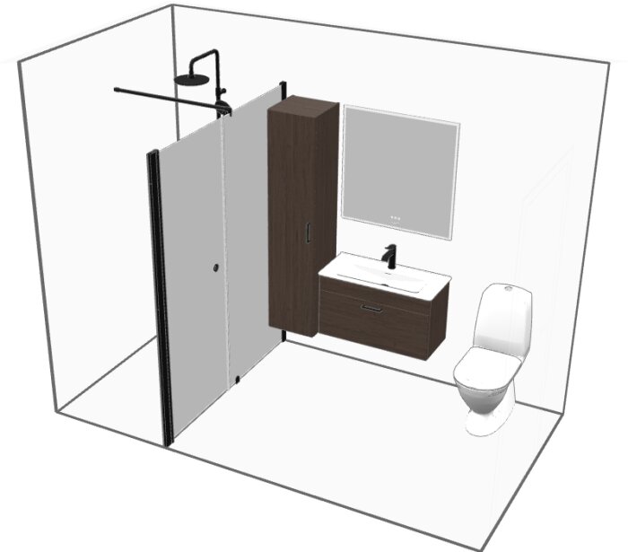 3D-vy av ett badrum med dusch, toalett, handfat och spegel, samt mörka träskåp.