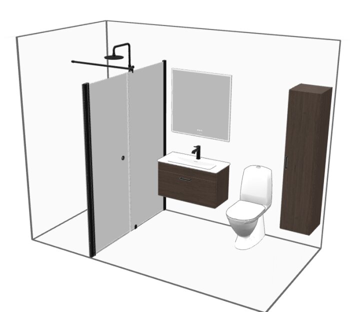 Alternativt badrumsförslag med högskåp nära dörr, mörka trädetaljer, dusch, handfat och toalett i vit inredning.