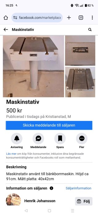 Maskinstativ av metall, använd till bänkborrmaskin, visas i tre bilder med närbilder på detaljer. Finns till salu för 500 kr i Kristianstad.