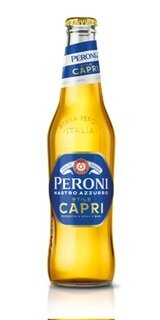 Flaska med öl av märket Peroni Capri med blå etikett.