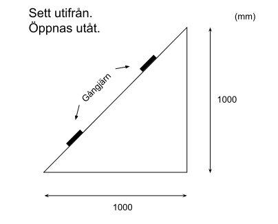 Triangelformad fönsterskiss, öppnas utåt, 1000 mm i höjd och bredd, gångjärn placerade på den vinklade sidan.