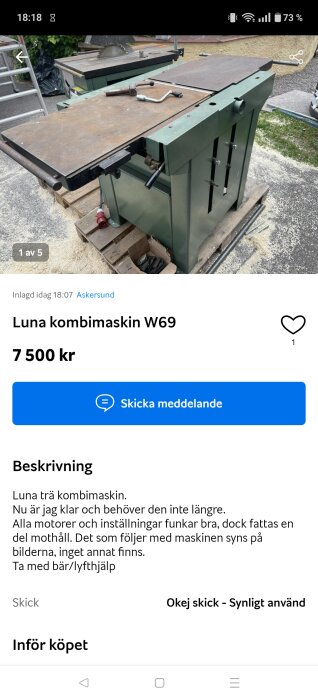 Kombimaskin Luna W69 i grönt och metall på pall, med handtag och spakar på ovansidan, står utomhus på grus.