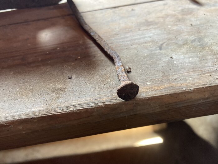 Rostig smidd spik fastspikad i en träbräda, fotograferad på nära håll.