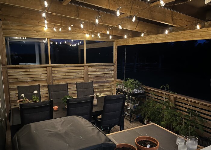 Inglasad altan med träpanel, belysning i taket och planterade växter. Matbord med stolar och växter i krukor.