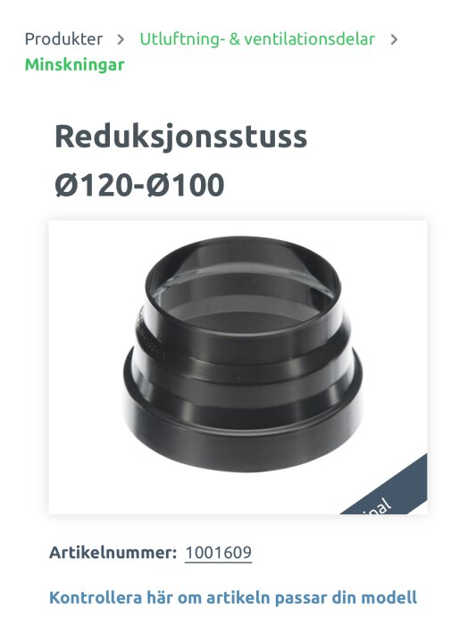 Reduktionsstos Ø120-Ø100 för utluftning och ventilation, artikelnummer 1001609.