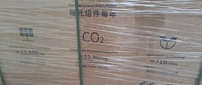 Förpackning av solpaneler med information om elproduktion och koldioxidreduktion, motsvarande att plantera 710 träd årligen.