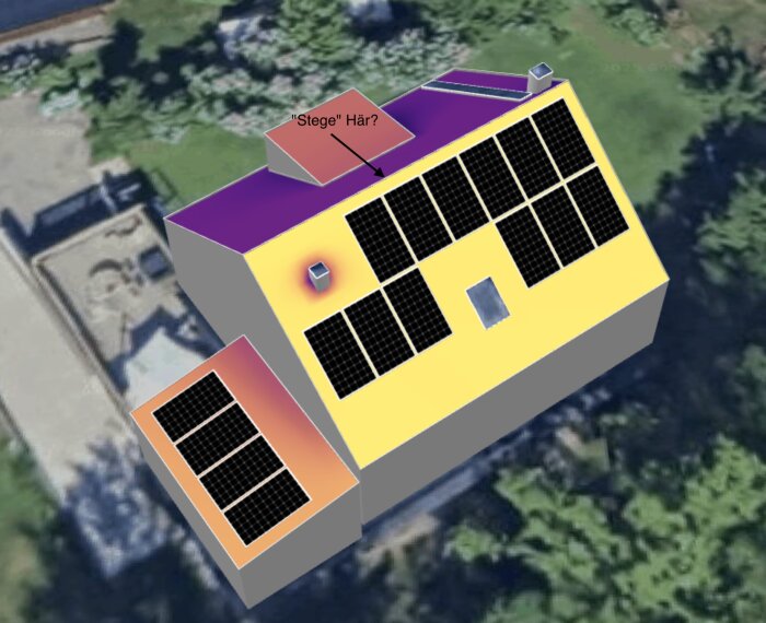 3D-modell av ett hus med solpaneler på taket, en markerad plats för stege och synlig frånluftshuv, diskuterande taksäkerhet och panelplacering.