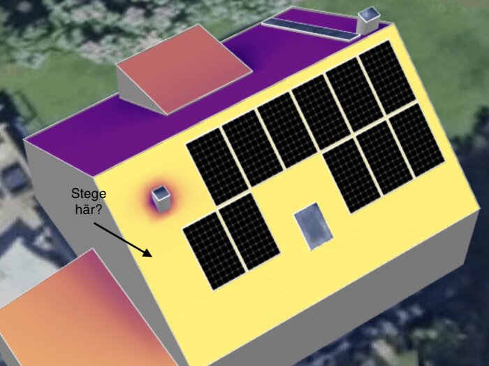 Skiss av ett tak med solpaneler och en pil mot en frånluftshuv, markerad med texten "Stege här?".