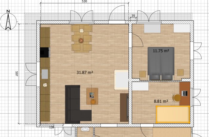 Planlösning för en bostad med kök, matbord, vardagsrum och två rum. Diskussion om tillräcklig bänkyta och skåp i köket.