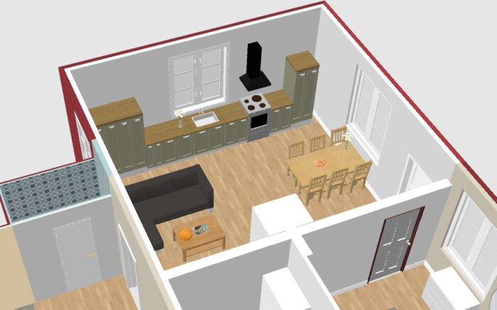 3D-plan över kök med skåp, köksö, matbord med stolar och liten vardagsrumsdel med soffa och bord.