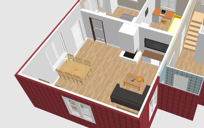 3D-modell av ett rum med matbord, soffgrupp, TV och öppen spis. Diskuteras om utrymmet för skåp/bänkyta är tillräckligt.