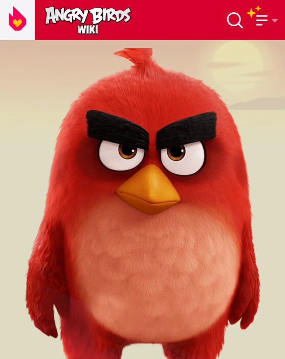 En stor, röd Angry Bird med allvarligt ansiktsuttryck står mot en solnedgångsbakgrund.