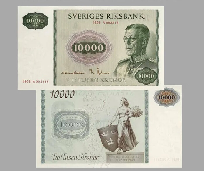 Svensk 10 000-kronorssedel från 1958, med porträtt av Gustav V och allegorisk kvinnofigur med riksvapnet.