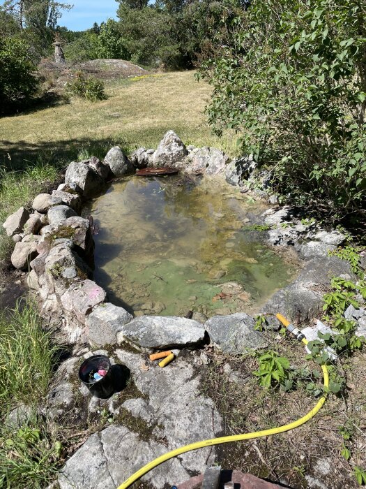 Gammal damm med stenkanter och delar av botten synlig. Vattennivå runt 10 cm, omgiven av grönska och en läckande fog synlig vid kanten.
