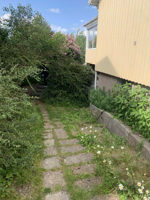 En stenlagd gång med blommor och buskar leder till en garagedörr vid en gul husfasad, kantad av en upphöjd stenmur bredvid huset.