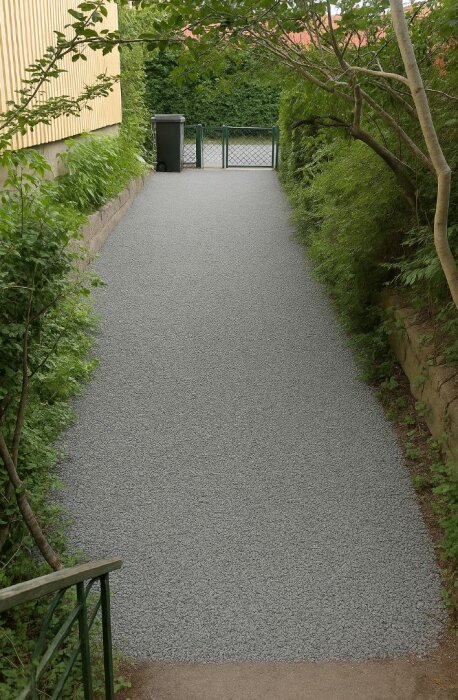 Grusad gångväg med grönska på sidorna och gul fasad till vänster, leder mot en grind och sopkärl.