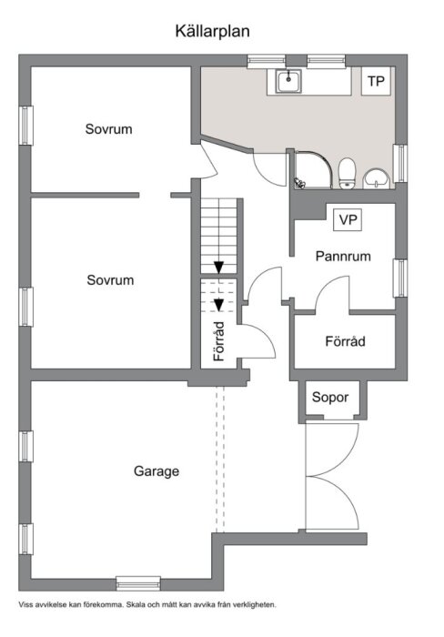 Planritning för källarplan med sovrum, garage, pannrum, förråd, och soprum markerade.