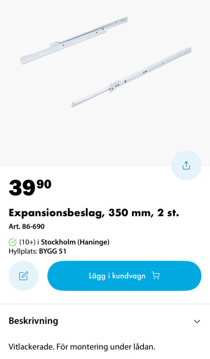 Expansionsbeslag 350 mm, 2 st., vitlackerade för montering under låda, artikelnummer 86-690 på Biltema, pris 39,90 kr.