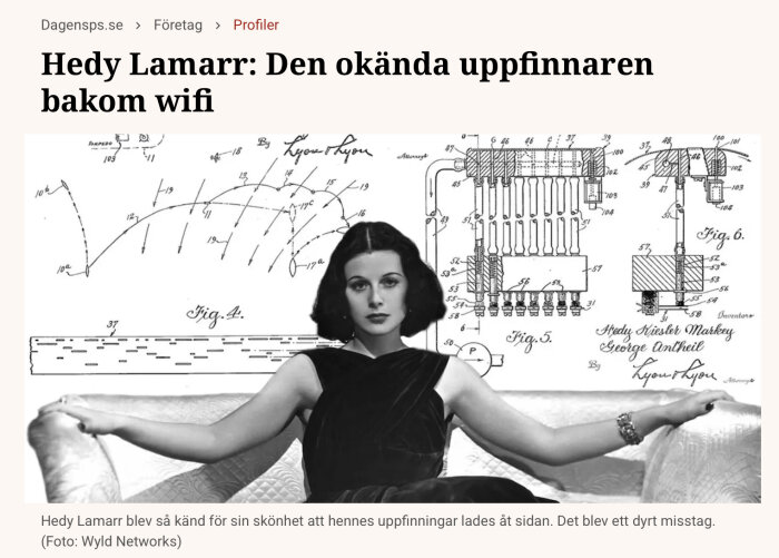 Kvinna poserar framför teknisk ritning med text om att hon är en okänd uppfinnare bakom wifi.