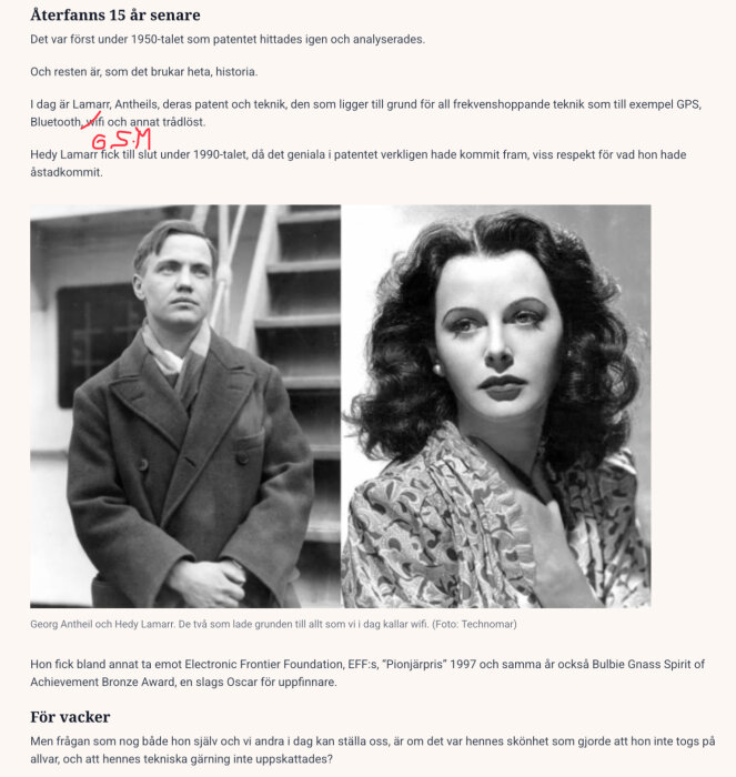 Georg Antheil och Hedy Lamarr porträtterade i svartvitt, kända för sitt banbrytande patent inom radioteknik och frekvenshoppning.