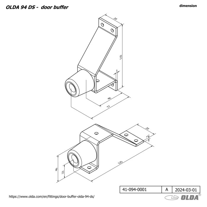 Ritning av dörrstopp från Olda, modell 94 DS, med detaljerade mått och konstruktion.